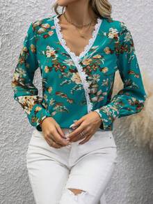 SHEIN Clasi Floral Print Guipure Lace Trim Blouse - Cadet Blue - View 6