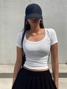 DAZY Camiseta corta de cuello de barco de un solo color para el verano - Blanco - Ver 4