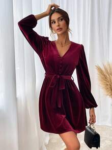 優雅腰帶 鈕扣純色女士連衣裙 - 酒紅色 - 查看 3