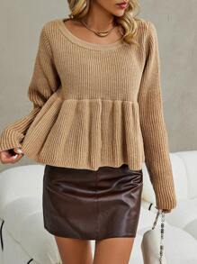 SHEIN Clasi Solid Peplum Hem Sweater Knit Pullover Fall Winter Outfit - Camel - View 1