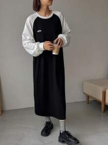 FRIFUL Letter Patched Raglan Sleeve Dress,Fall Clothes - Black - View 1