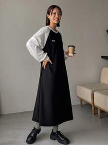 FRIFUL Letter Patched Raglan Sleeve Dress,Fall Clothes - Black - View 7