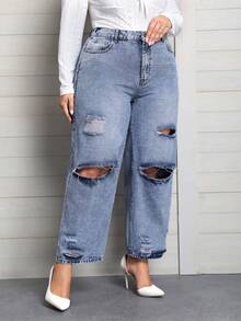 SHEIN Privé Hơn Cao eo Quần jean ống rộng rách - Màu xanh lam - Xem 4