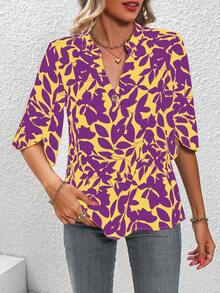 SHEIN LUNE 滿版印花缺口領花瓣袖襯衫 - 黃色 - 查看 4