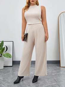 SHEIN Essnce Plus Mock Neck Tank Top & Wide Leg Pants - Apricot - View 1