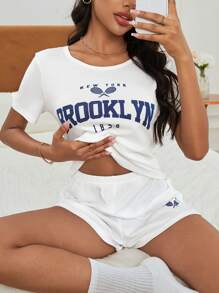 Miss Vinta Women's Summer Letter Print Short Sleeve White Top And Shorts Pajama Set - White - View 1