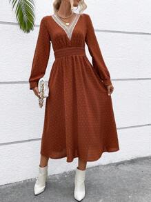 SHEIN VCAY 圓點水溶蕾絲拼接燈籠袖洋裝 - 鏽棕色 - 查看 1