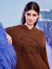 SHEIN X The Smurfs Embroidery Cartoon Pattern Hooded Nightdress - Coffee Brown - View 5