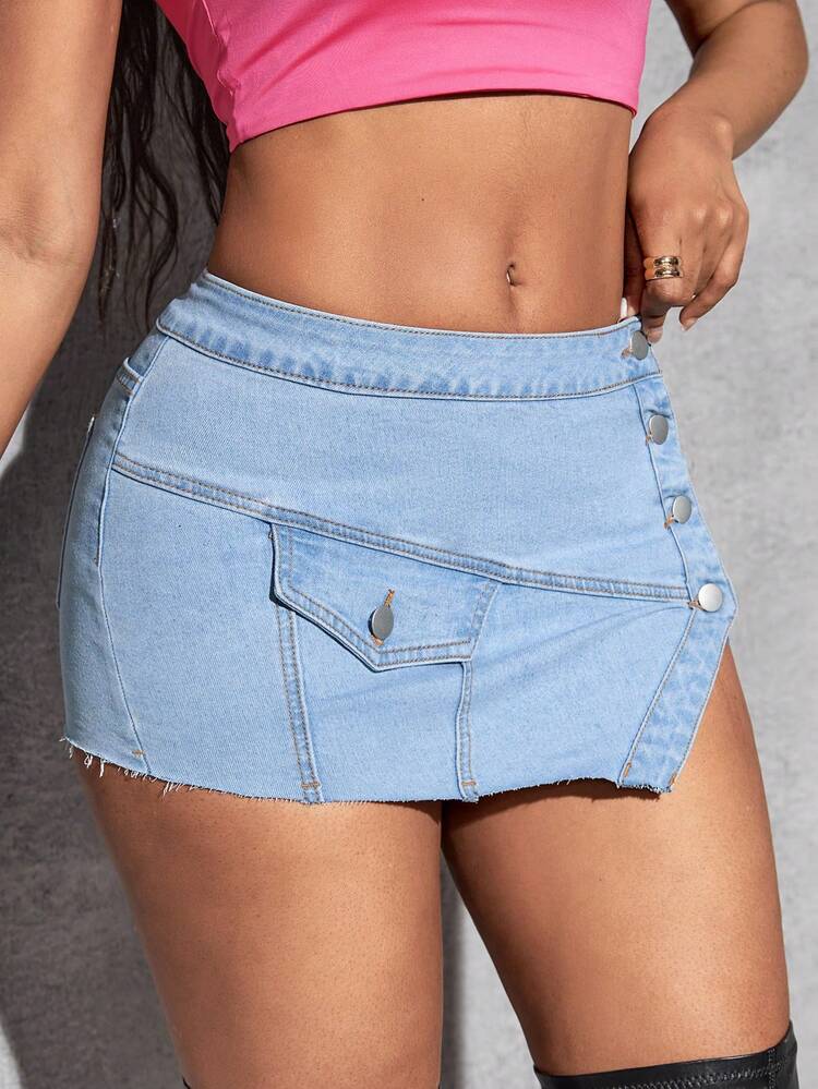 Flap Detail Button Front Asymmetrical Hem Denim Skirt