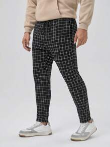 GENTILAND Men Plus Grid Print Drawstring Waist Pants - Black and White - View 1