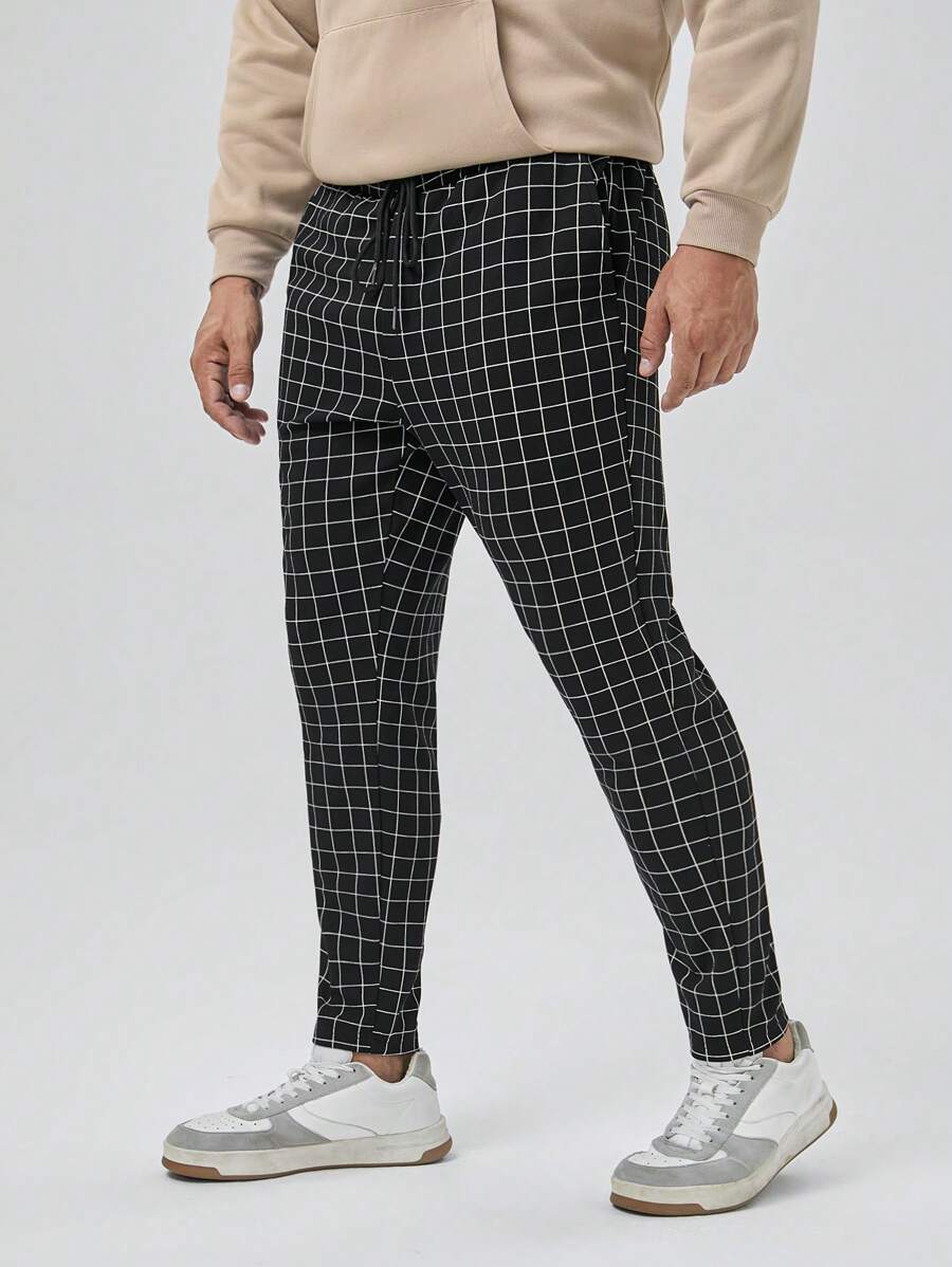 GENTILAND Men Plus Grid Print Drawstring Waist Pants - Black and White - View 1