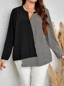 EMERY ROSE Talla grande Blusa con estampado de rayas bajo asimétrico - Blanco y Negro - Ver 1