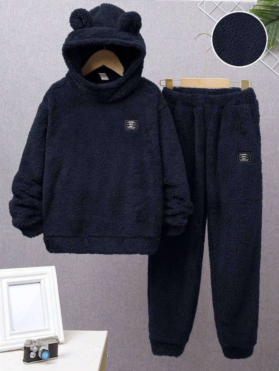 SHEIN 青少年男孩休闲贴布羊毛连帽运动衫和慢跑裤两件套 - 藏蓝色 - 查看 1