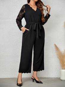 EMERY ROSE Plus Contrast Lace Scallop Trim Belted Wide Leg Jumpsuit - Black - View 3