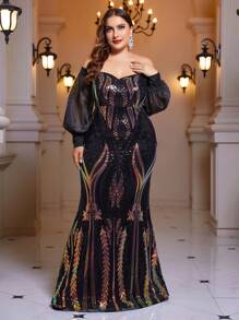SHEIN Belle Plus Off Shoulder Lantern Sleeve Sequin Formal Dress - Black - View 1