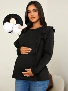 SHEIN Maternidad Camiseta ribete con fruncido amamantamiento detalle ribete con fruncido amamantamiento - Negro - Ver 1