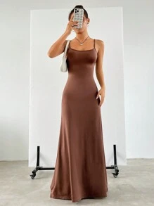 SHEIN EZwear Solid Cami Floor Length Dress - Brown - View 6