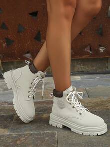 Botas altas para mujer, botines de suela gruesa, botas para deportes al aire libre y moto - Gris - Ver 4