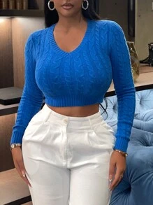 Slaydiva Solid Crop Cable Knit Sweater - Blue - View 3