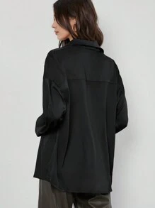 SHEIN BIZwear Single Breasted Satin Blouse Workwear - Black - View 2