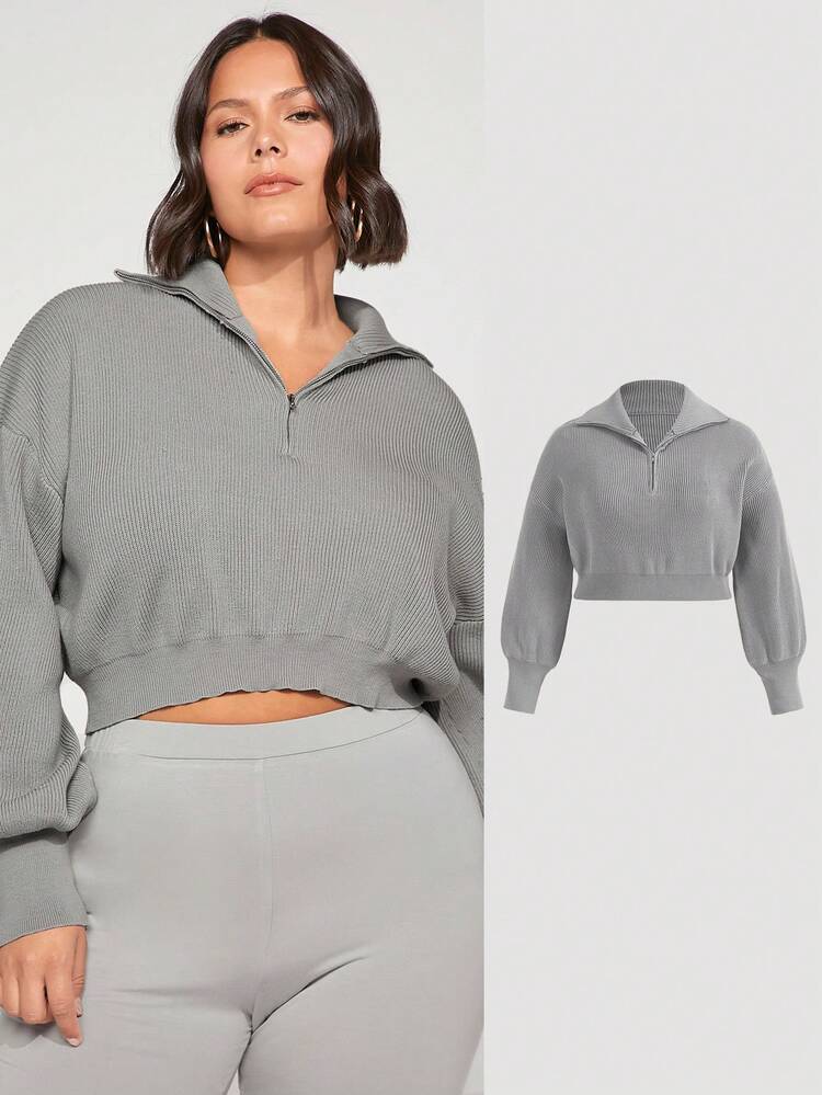 Plus Half Zip Drop Shoulder Crop Sweater