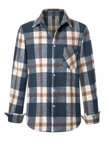 Manfinity Homme Men Plaid Print Pocket Patched Shirt - Navy Blue - View 5
