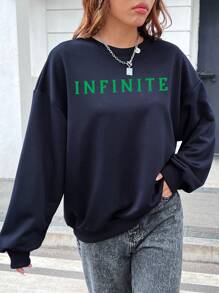 STROM NIGHT 艺术家字母图案落肩运动衫，适合假期、冬季、度假、节日 - 藏蓝色 - 查看 6