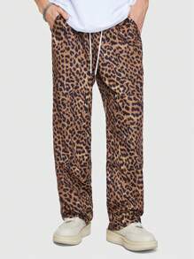 ROMWE MEN Street Life Men Leopard Print Drawstring Waist Pants - Brown - View 1
