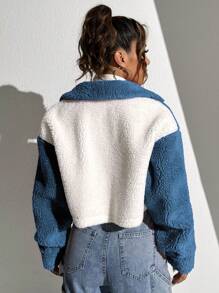 SHEIN Unity Hai âm Thả vai Mùa vụ Áo Teddy Jackets - Màu xanh lam - Xem 2