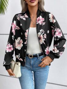 SHEIN VCAY Cazadora tipo bomber con estampado floral con cremallera - Negro - Ver 3
