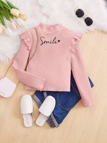 SHEIN 女大童字母圖案荷葉邊小高領T恤 - 藕粉色 - 查看 1