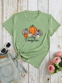 SHEIN EZwear Plus Pumpkin & Letter Graphic Tee - Green - View 1