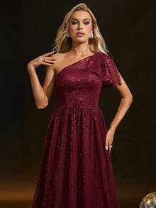 One Shoulder Knot Side Sequin Formal Dress - Burgundy - View 4