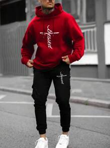 Manfinity LEGND Hombres Pantalones deportivos con capucha con estampado de letra con cordón - Rojo - Ver 4