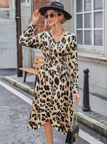 GENKIRA Allover Print Knot Side Wrap Dress Fall Cloth For Women - Multicolor - View 5