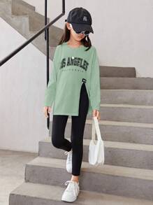 SHEIN Tween Girl Letter Graphic Split Hem Drop Shoulder Tee & Leggings - Mint Green - View 1