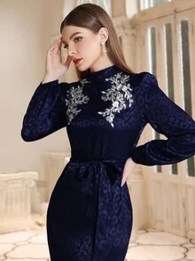 豹紋提花貼花腰帶魚尾裙下擺洋裝 - 藍色 - 查看 5