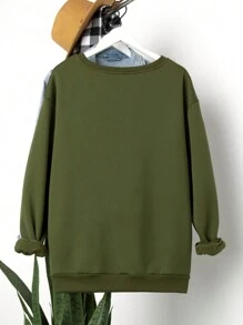 Calvaya Plus Size Women Casual Heart & Butterfly Print Fleece Sweatshirt, Autumn/Winter - Army Green - View 2