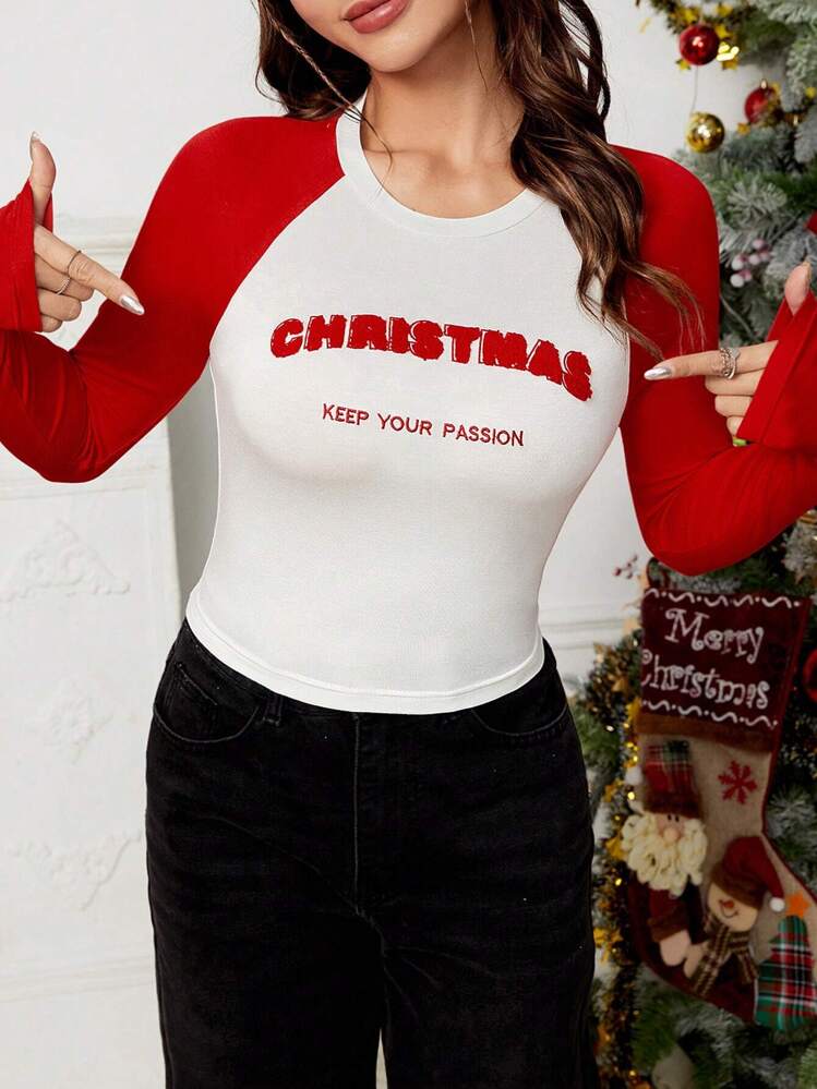 SHEIN EZwear Camiseta con estampado de slogan de manga raglán - Rojo y blanco - Añade 5