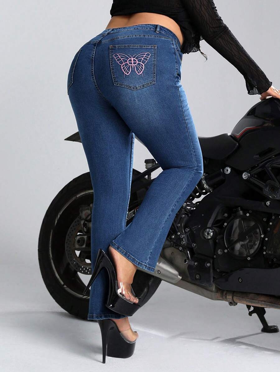 SHEIN ICON Plus Butterfly Print Skinny Jeans - Medium Wash - View 1