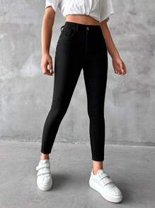 EURMUSE Solid Skinny Cropped Jeans - Black - View 4