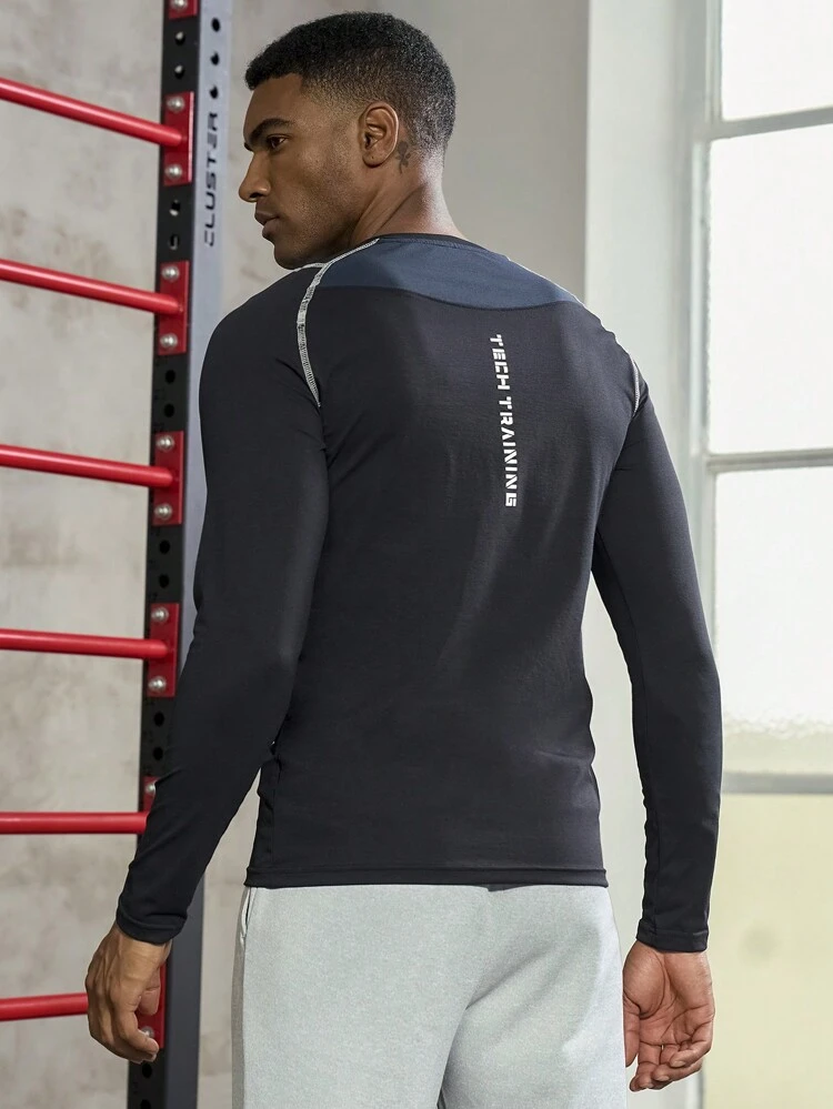 Men Slogan Graphic Top-Stitching Sports Tee Long Sleeve Shirt Compression Shirt Men