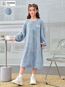 SHEIN Cô gái Tween Thư được vá Thả vai Teddy Đầm - Màu xanh lam - Xem 4