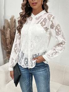 SHEIN Clasi 素色前紐扣蕾絲襯衫不附吊帶上衣 - 白色 - 查看 4