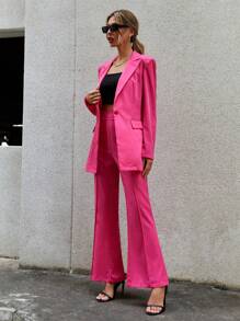 SHEIN Privé Cổ áo Áo vest & Đường may Chi tiết Quần ống loe - Màu Hồng Tươi - Xem 4