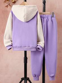 女大童小熊刺繡加絨內裏連帽夾克和運動褲 - 紫丁香色 - 查看 2