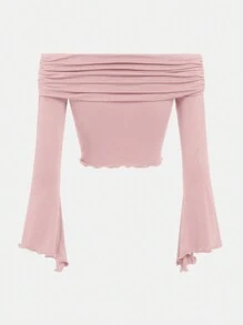 SHEIN Girlism Chica adolescente Camiseta de hombros descubiertos ribete en forma de lechuga fruncido - Rosa Pálido - Ver 2