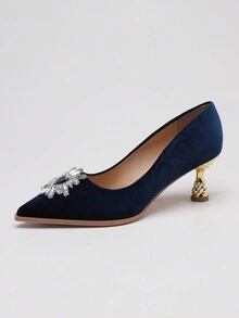2023 New Arrival Rhinestone Decorated Elegant High Heels With Pointed Toe, Fashionable All-match Lightly Grained Pu Leather Women's Shoes - Royal Blue - View 3