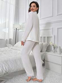 Trang trí ren Nút phía trước Bộ PJ - trắng - Xem 2