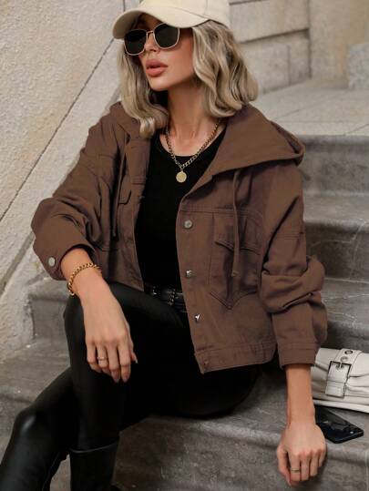 SHEIN Frenchy Flap Pocket Drop Shoulder Drawstring Hooded Denim Jacket Winter Brown Casual